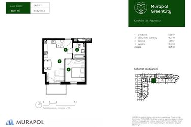 Rzut - Mieszkanie na sprzedaż 2 pokoje o powierzchni 38,11 m² - numer 2.B.1.02 w Murapol GreenCity bud. 2