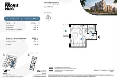 Rzut - Mieszkanie na sprzedaż 1 pokój o powierzchni 29,55 m² - numer B.1.4.M51 w Nowe Promenady etap II