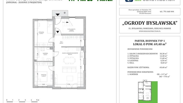 Rzut - Mieszkanie na sprzedaż 3 pokoje o powierzchni 69,4 m² - numer 23.1.0 w Ogrody Bysławska