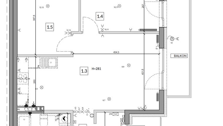 Rzut - Mieszkanie na sprzedaż 3 pokoje o powierzchni 59,46 m² - numer 38B w Osiedle Młodych etap IV