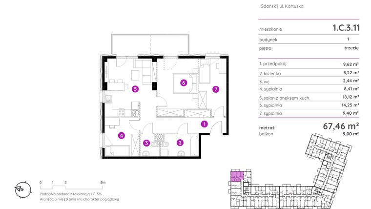 Rzut - Mieszkanie na sprzedaż 4 pokoje o powierzchni 67,46 m² - numer 1.C.3.11 w Murapol Scarpa