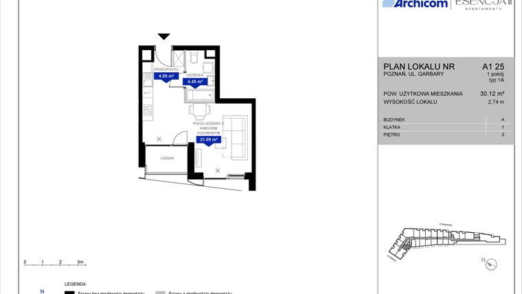 Rzut - Mieszkanie na sprzedaż 1 pokój o powierzchni 30,08 m² - numer A1.25 w Apartamenty Esencja II