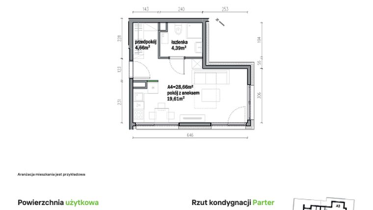 Rzut - Mieszkanie na sprzedaż 1 pokój o powierzchni 28,66 m² - numer A04 w Traugutta Vita