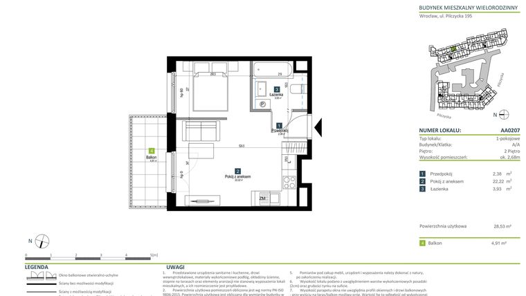 Rzut - Mieszkanie na sprzedaż 1 pokój o powierzchni 28,53 m² - numer AA0207 w Pilczycka Vita