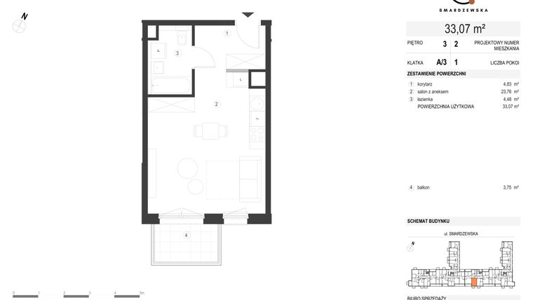 Rzut - Mieszkanie na sprzedaż 1 pokój o powierzchni 32,76 m² - numer A/3/3.2 w Smardzewska 8