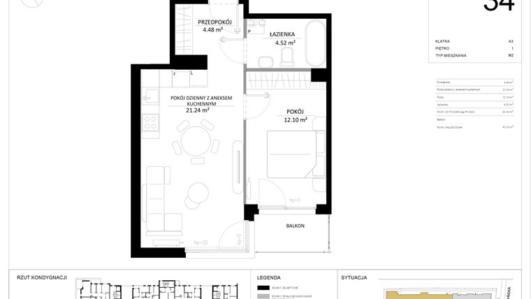 Rzut - Mieszkanie na sprzedaż 2 pokoje o powierzchni 42,34 m² - numer 34 w SILO