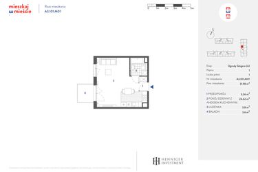 Rzut - Mieszkanie na sprzedaż 1 pokój o powierzchni 31,99 m² - numer A3.101.M01 w Mieszkaj w mieście - Ogrody Glogera