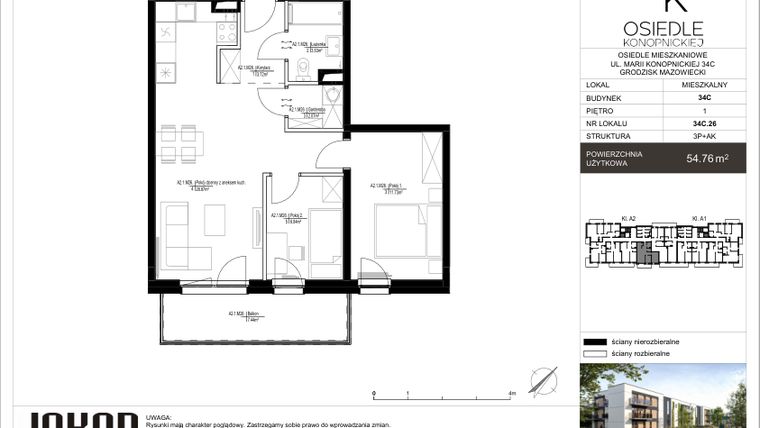 Rzut - Mieszkanie na sprzedaż 3 pokoje o powierzchni 54,76 m² - numer 34C.26 w Osiedle Konopnickiej