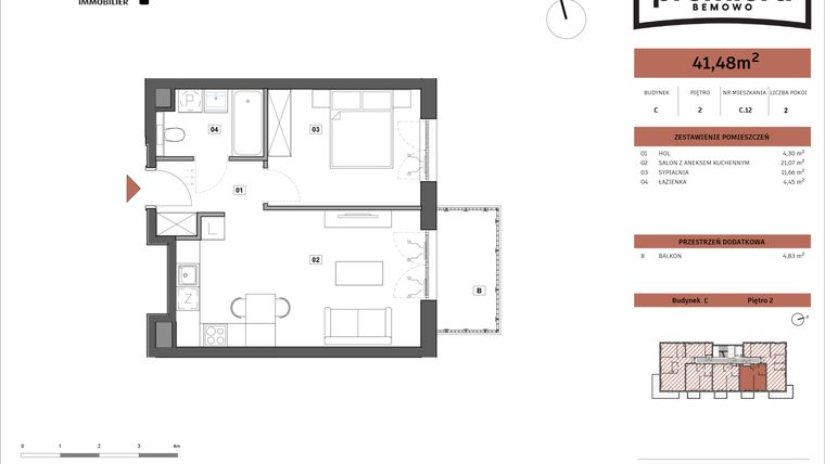 Rzut - Mieszkanie na sprzedaż 2 pokoje o powierzchni 41,48 m² - numer C.12 w Premiera Bemowo