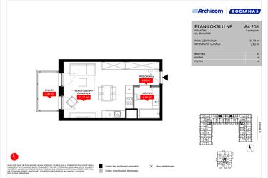 Rzut - Mieszkanie na sprzedaż 1 pokój o powierzchni 31,79 m² - numer A4 205 w Osiedle Bociana 5