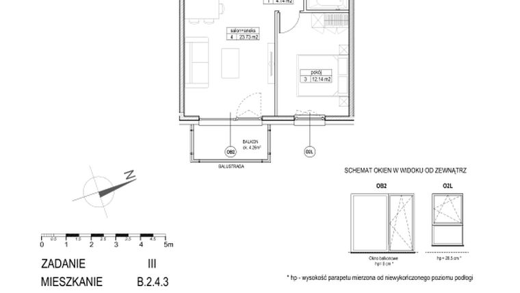Rzut - Mieszkanie na sprzedaż 2 pokoje o powierzchni 45,22 m² - numer B.2.4.3 w Atut III