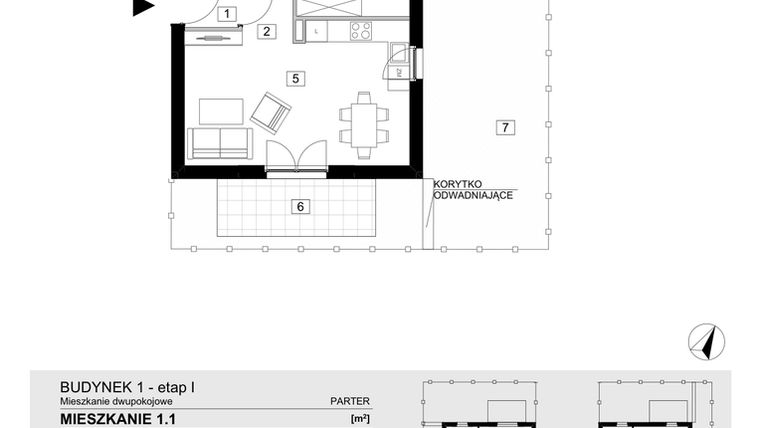 Rzut - Mieszkanie na sprzedaż 2 pokoje o powierzchni 43,42 m² - numer 1.1 w Jasieny