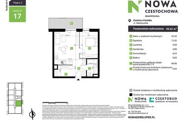 Rzut - Mieszkanie na sprzedaż 2 pokoje o powierzchni 49,42 m² - numer D17 w Nowa Częstochowa Małopolska etap II