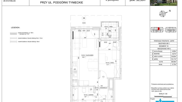 Rzut - Mieszkanie na sprzedaż 2 pokoje o powierzchni 38,56 m² - numer B6 w Podgórki Tynieckie