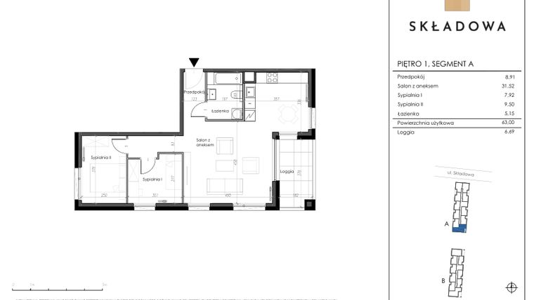 Rzut - Mieszkanie na sprzedaż 3 pokoje o powierzchni 63 m² - numer A03 w Apartamenty Składowa