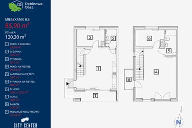 Rzut - Mieszkanie na sprzedaż 4 pokoje o powierzchni 85,9 m² - numer B8 w Dębinowa Oaza