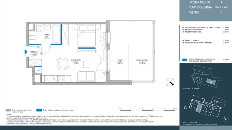 Rzut - Mieszkanie na sprzedaż 1 pokój o powierzchni 34,47 m² - numer C.1.1.1 w Meri Apartamenty
