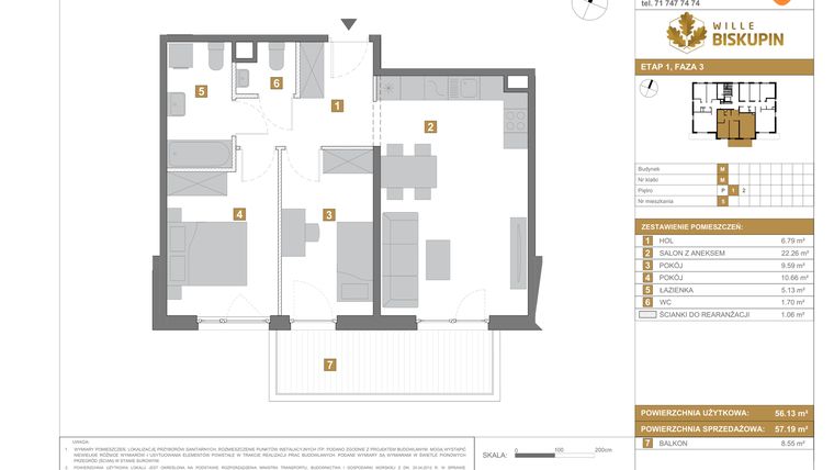 Rzut - Mieszkanie na sprzedaż 3 pokoje o powierzchni 57,19 m² - numer M5 w Wille Biskupin III