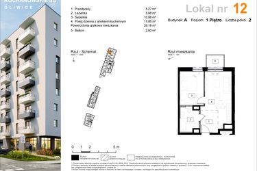 Rzut - Mieszkanie na sprzedaż 2 pokoje o powierzchni 39,84 m² - numer A.12 w Osiedle Kochanowskiego - Gliwice