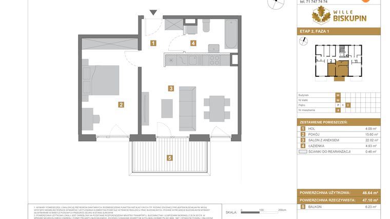 Rzut - Mieszkanie na sprzedaż 2 pokoje o powierzchni 46,64 m² - numer W8 w Wille Biskupin Etap 2.1