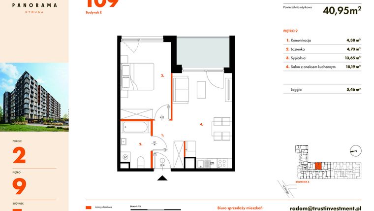 Rzut - Mieszkanie na sprzedaż 2 pokoje o powierzchni 40,95 m² - numer E109 w Panorama Struga