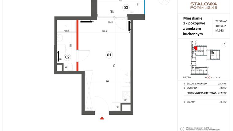 Rzut - Mieszkanie na sprzedaż 1 pokój o powierzchni 27,58 m² - numer 33 w Stalowa Form 43.45