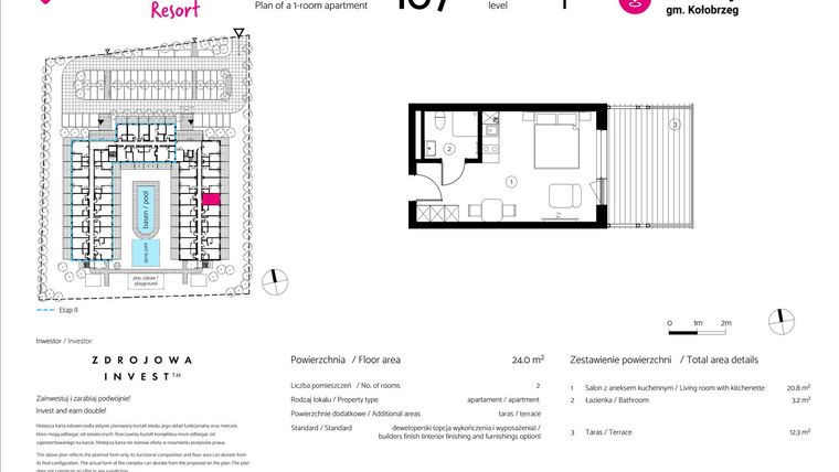 Rzut - Mieszkanie na sprzedaż 1 pokój o powierzchni 24 m² - numer 107 w VacationClub Resort