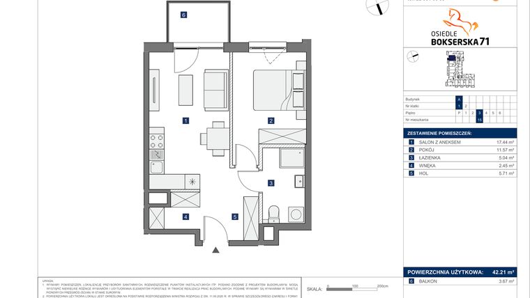 Rzut - Mieszkanie na sprzedaż 2 pokoje o powierzchni 42,21 m² - numer A.15 w Osiedle Bokserska 71 etap II