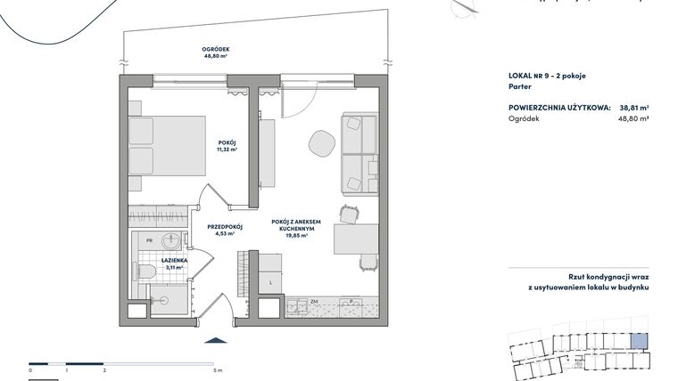 Rzut - Mieszkanie na sprzedaż 2 pokoje o powierzchni 38,81 m² - numer 9 w AtHome - Apartamenty inwestycyjne