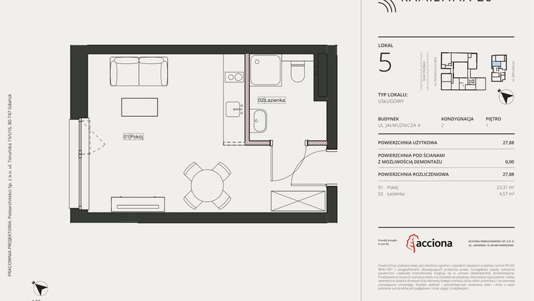 Rzut - Mieszkanie na sprzedaż 1 pokój o powierzchni 27,88 m² - numer 4.5 w Kamienna 28 - apartamenty inwestycyjne