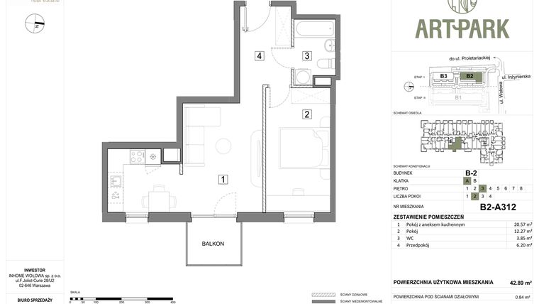 Rzut - Mieszkanie na sprzedaż 2 pokoje o powierzchni 43,72 m² - numer B.2.A312 w ArtPark