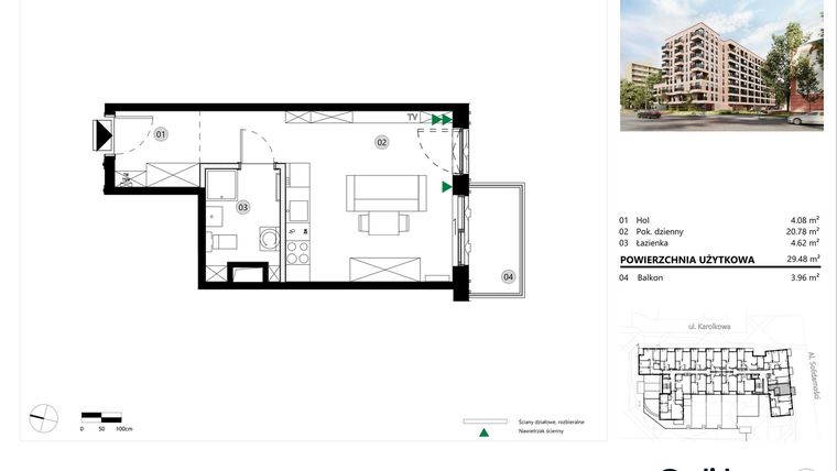 Rzut - Mieszkanie na sprzedaż 1 pokój o powierzchni 29,48 m² - numer A.02.L.16 w ReVola