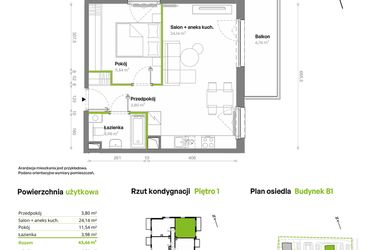 Rzut - Mieszkanie na sprzedaż 2 pokoje o powierzchni 43,46 m² - numer B1.01.16 w Południe Vita