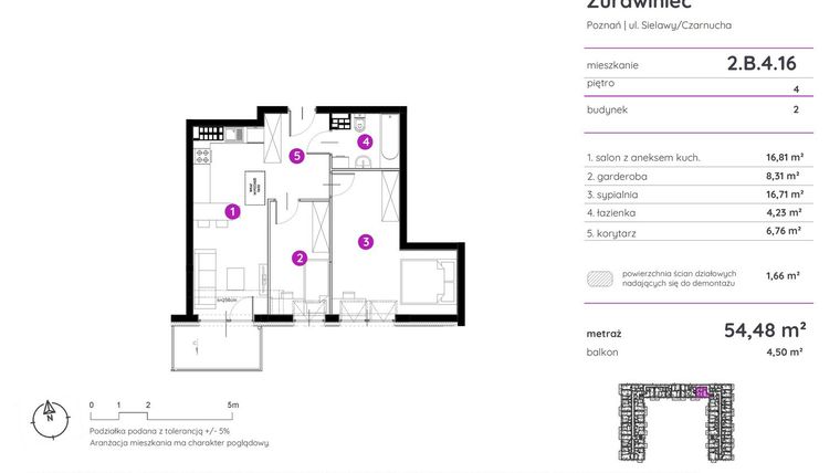 Rzut - Mieszkanie na sprzedaż 2 pokoje o powierzchni 54,29 m² - numer 2.B.4.16 w Murapol Zielony Żurawiniec