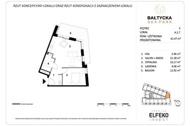 Rzut - Mieszkanie na sprzedaż 2 pokoje o powierzchni 41,47 m² - numer A.2.7 w Bałtycka Sea Park