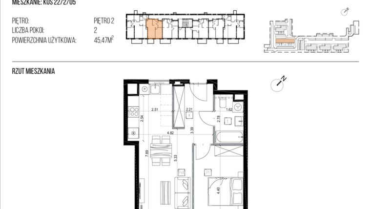 Rzut - Mieszkanie na sprzedaż 2 pokoje o powierzchni 45,58 m² - numer 22/17 w Osiedle Naturama