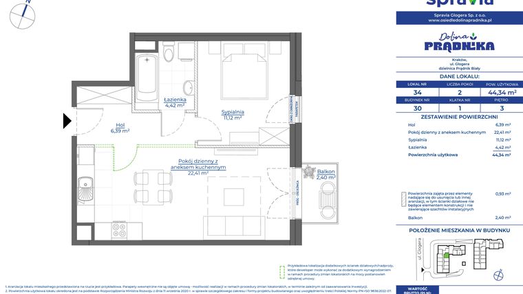 Rzut - Mieszkanie na sprzedaż 2 pokoje o powierzchni 44,34 m² - numer 30.34 w Osiedle Dolina Prądnika