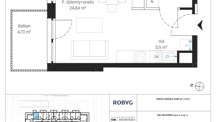 Rzut - Mieszkanie na sprzedaż 1 pokój o powierzchni 29,85 m² - numer J.2M12 w Nadmotławie Apartments etap J