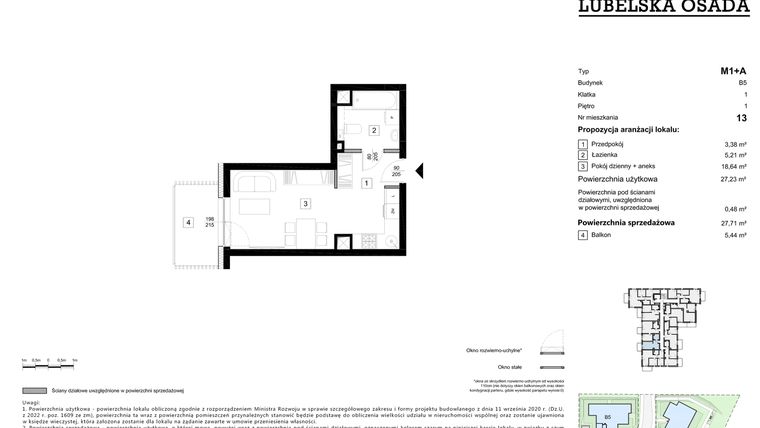 Rzut - Mieszkanie na sprzedaż 1 pokój o powierzchni 27,71 m² - numer B5.13 w Lubelska Osada budynek B5
