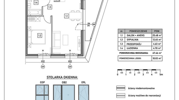 Rzut - Mieszkanie na sprzedaż 2 pokoje o powierzchni 47,46 m² - numer A.2.4 w GreenLine