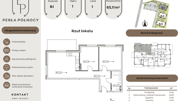 Rzut - Mieszkanie na sprzedaż 3 pokoje o powierzchni 65,11 m² - numer B1.1_1 w Perła Północy etap 2