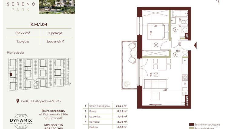 Rzut - Mieszkanie na sprzedaż 2 pokoje o powierzchni 39,27 m² - numer K.M.1.04 w Sereno Park