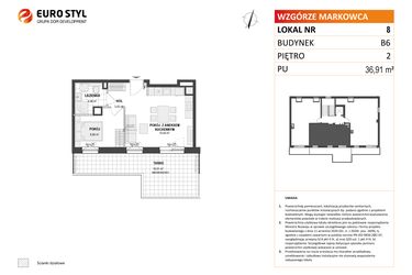 Rzut - Mieszkanie na sprzedaż 2 pokoje o powierzchni 36,91 m² - numer B6 8 w Wzgórze Markowca