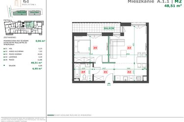 Rzut - Mieszkanie na sprzedaż 2 pokoje o powierzchni 49,47 m² - numer A.1.1 w Apartamenty Pszczyńska
