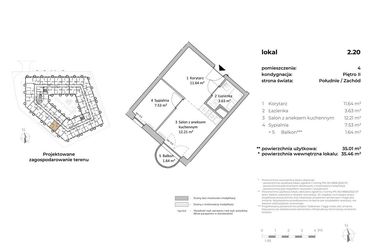 Rzut - Mieszkanie na sprzedaż 1 pokój o powierzchni 35,58 m² - numer 2.20 w OVAL SKY