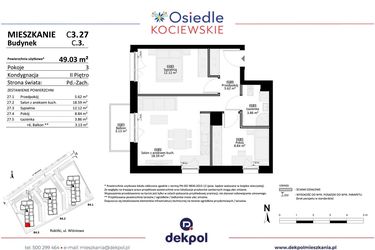 Rzut - Mieszkanie na sprzedaż 3 pokoje o powierzchni 49,03 m² - numer C3.27 w Osiedle Kociewskie etap III