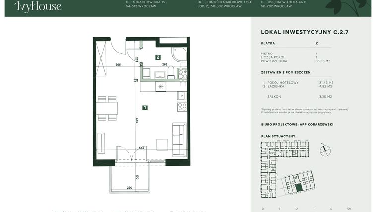 Rzut - Mieszkanie na sprzedaż 1 pokój o powierzchni 36,35 m² - numer C.2.7 w IVY HOUSE - Apartamenty inwestycyjne