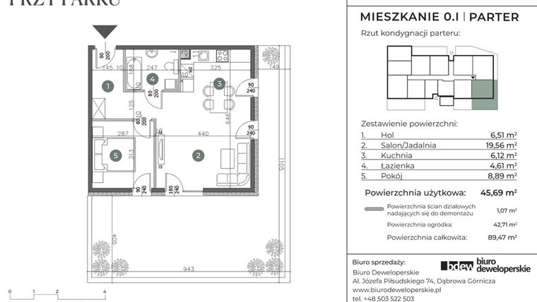 Rzut - Mieszkanie na sprzedaż 3 pokoje o powierzchni 45,69 m² - numer 0.I w Willa przy parku