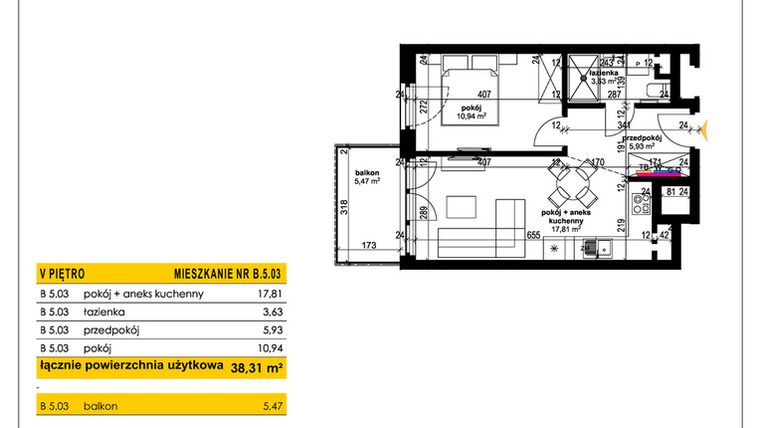 Rzut - Mieszkanie na sprzedaż 2 pokoje o powierzchni 38,31 m² - numer B 5.03 w Park Moniuszki II C