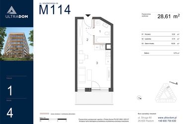Rzut - Mieszkanie na sprzedaż 1 pokój o powierzchni 28,61 m² - numer M114 w Ultradom